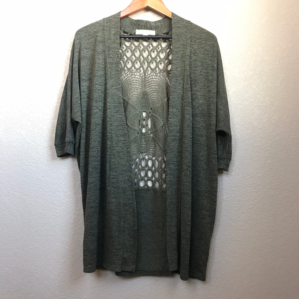Green Open Cardigan Sweater with Crochet Lace Back